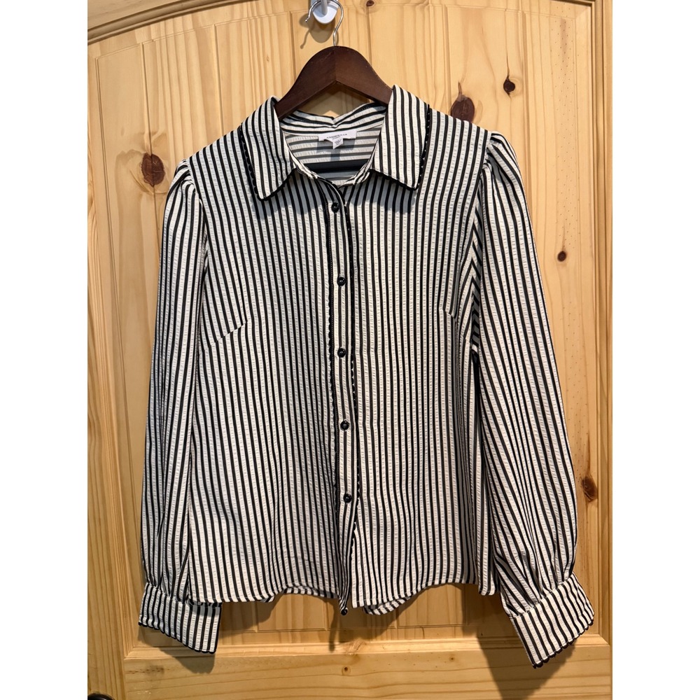 ANNIEWEAR Los Angeles Black White Striped Seersucker Blouse XL AT3006W